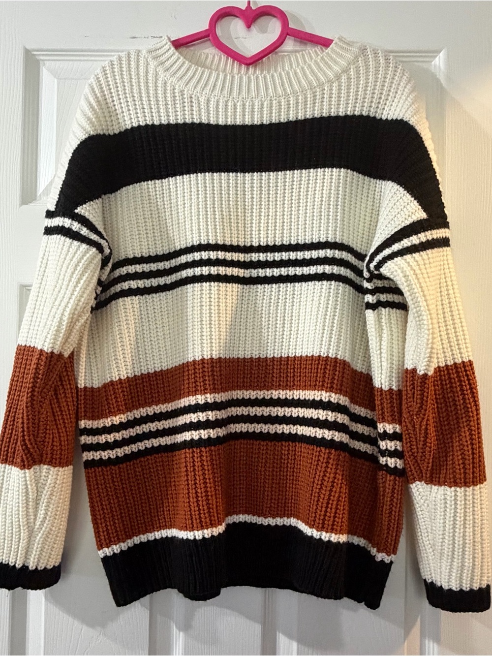 Striped Chunky Knit Sweater - Cream, Black & Rust By ZESICA Size XL